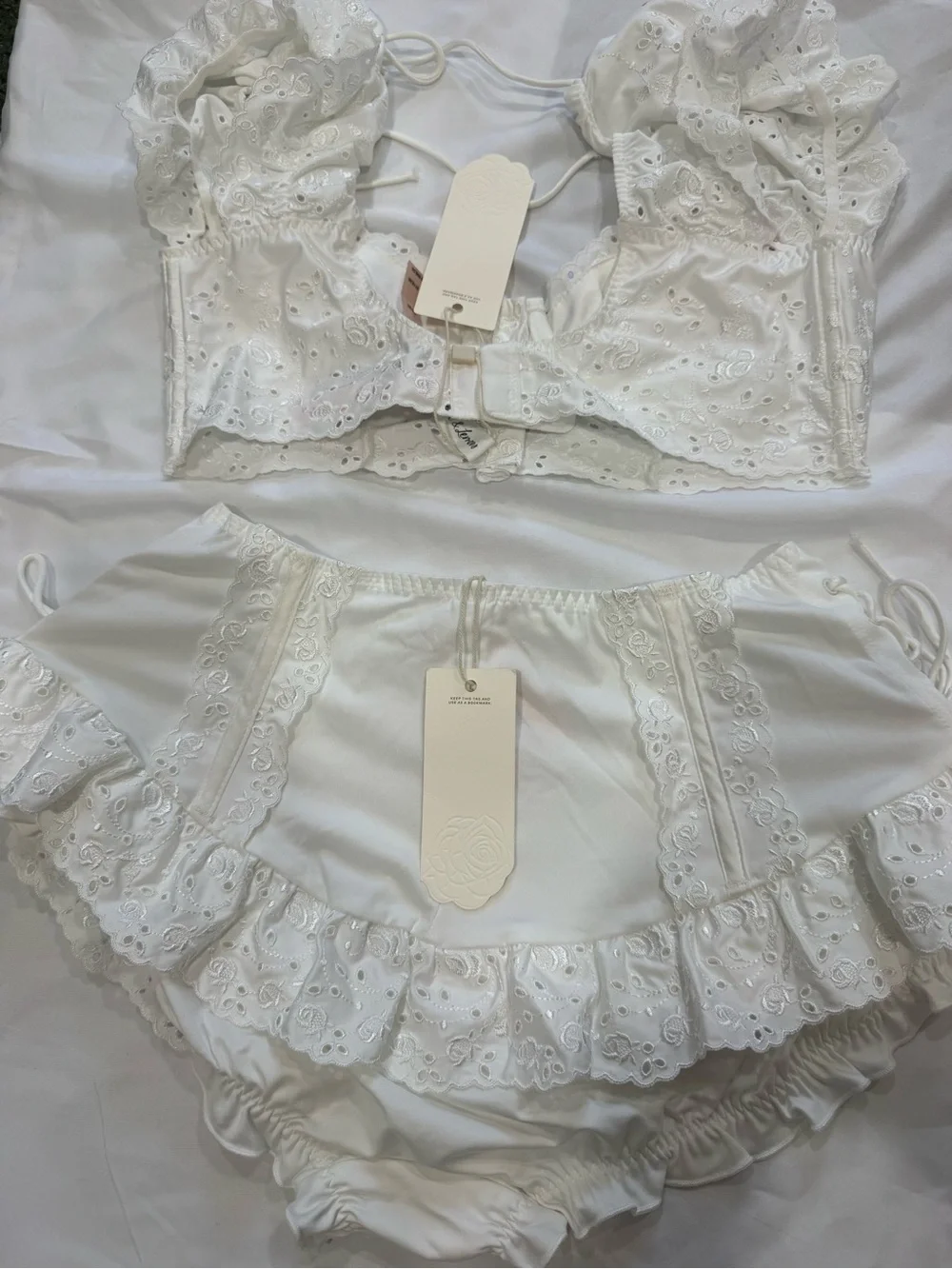 For Love & Lemons SET White Eyelet Martha Bra and High-Waist Corset Bloomer - S